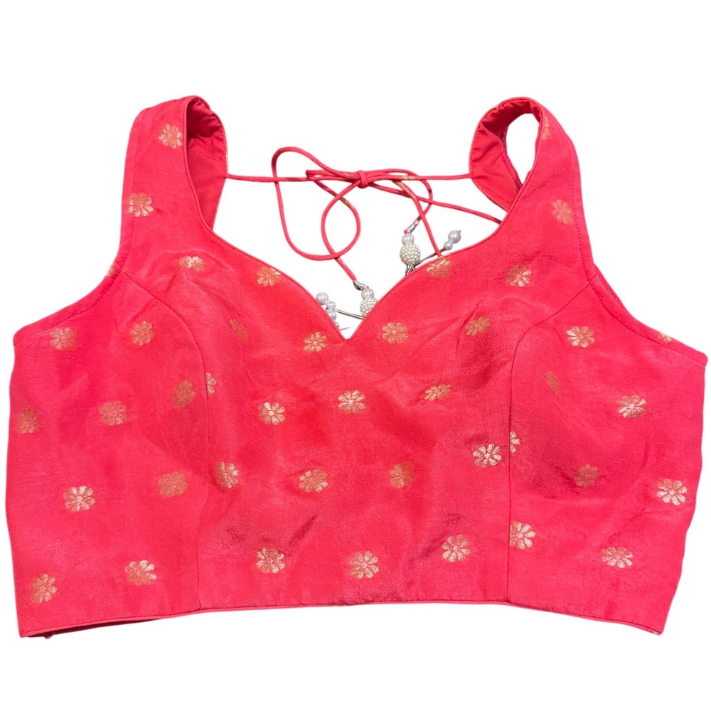 Indian Beaded Tassel Tie Back Red Gold V-Neck Cropped Festive Sari Choli Blouse